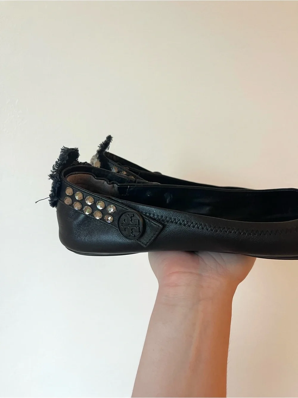 Tory Burch Minnie Black Leather Convertible Crystal Embellished Ballet Flats 10